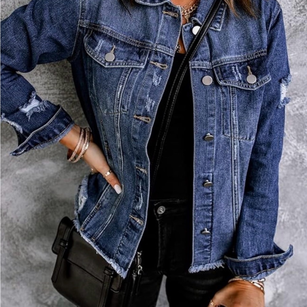 Classic Women's Distressed Blue Denim Jacket
